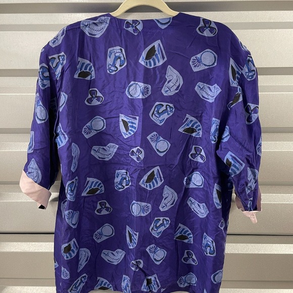 Vintage Hattie Carnegie Silk shirt Womens L short Sleeve Button Up purple Anchor - Picture 6 of 7
